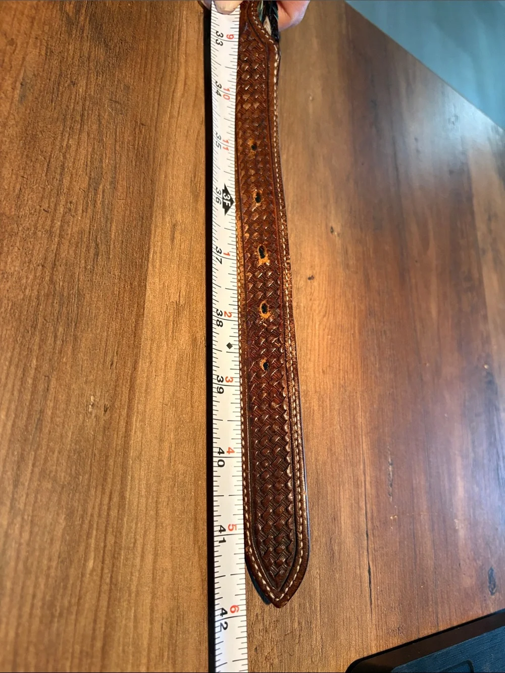 Vintage Braided Horsehair Western Belt Tooled Leather Turquoise Brown Gray 38
